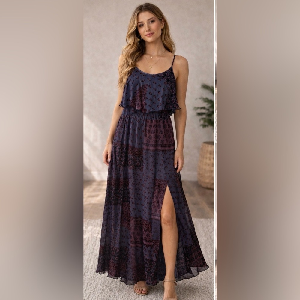 American Eagle Outfitters Navy and Burgundy Patterned Maxi Dress
